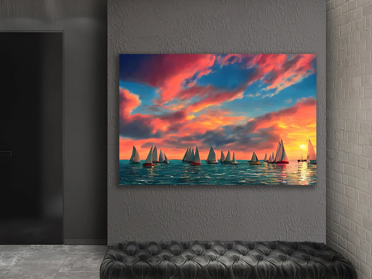 Boats on Sea Sunset Canvas