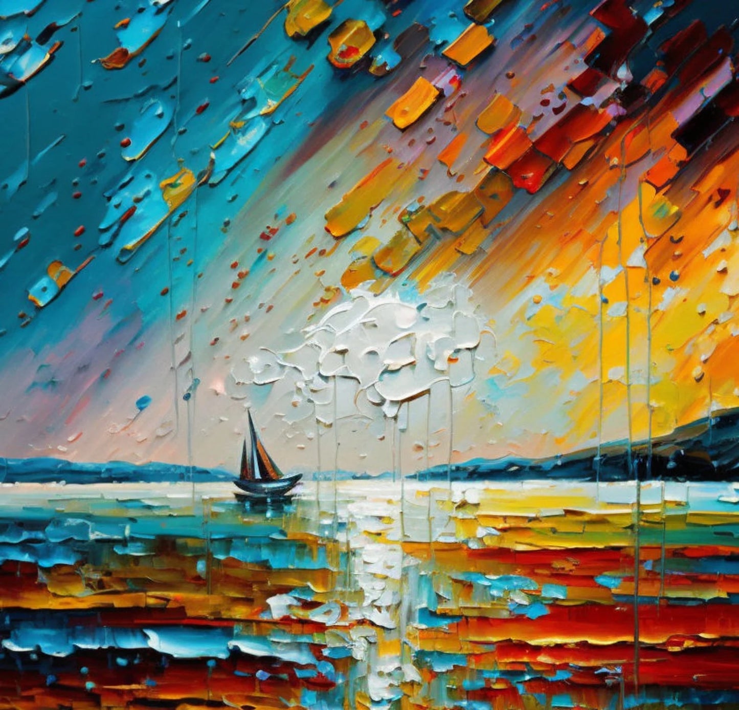 Ship in the Sunset Oil Painting Handmade