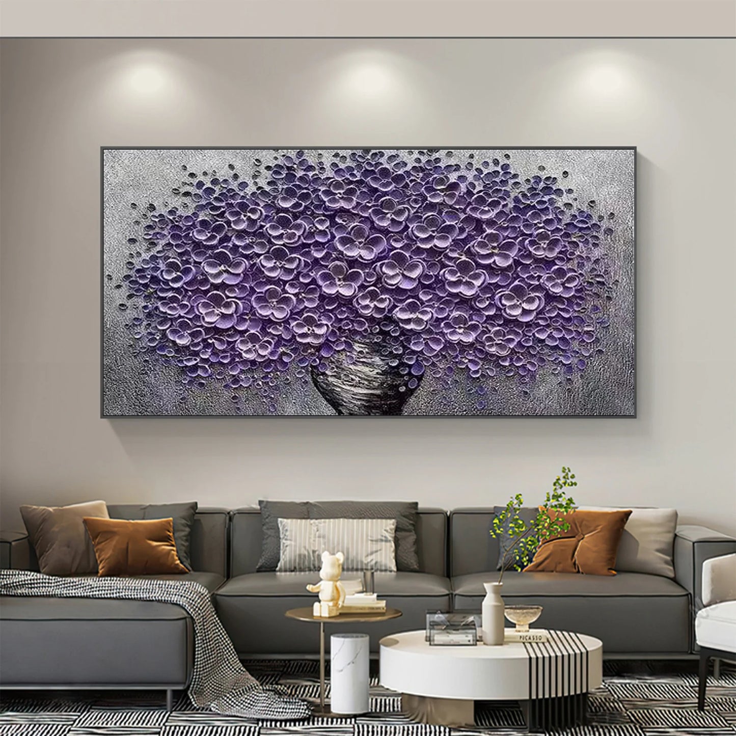 HAND DRAWN Cherry Blossom Purple and Gray Oil Painting