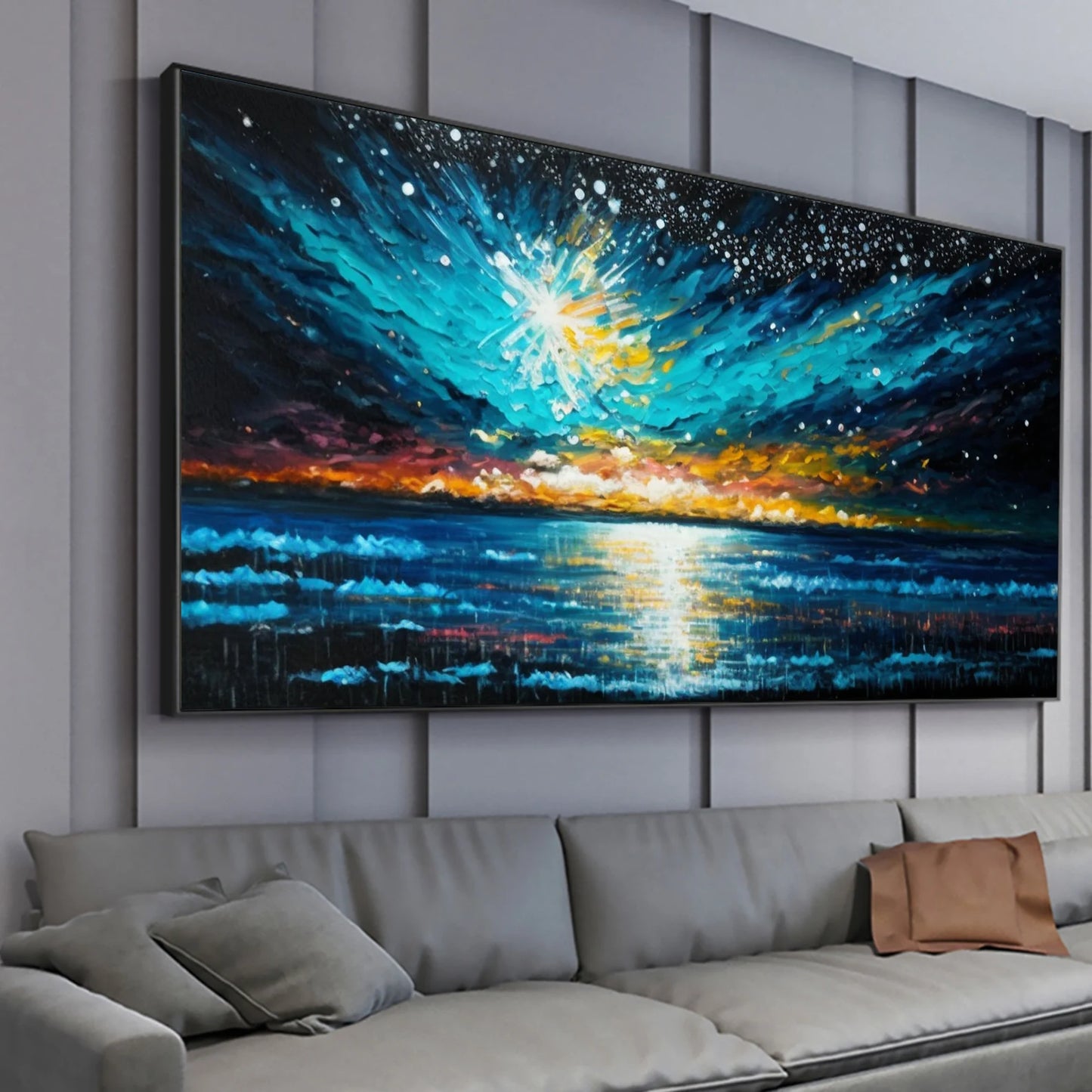 Sea and night sky oil painting Handmade