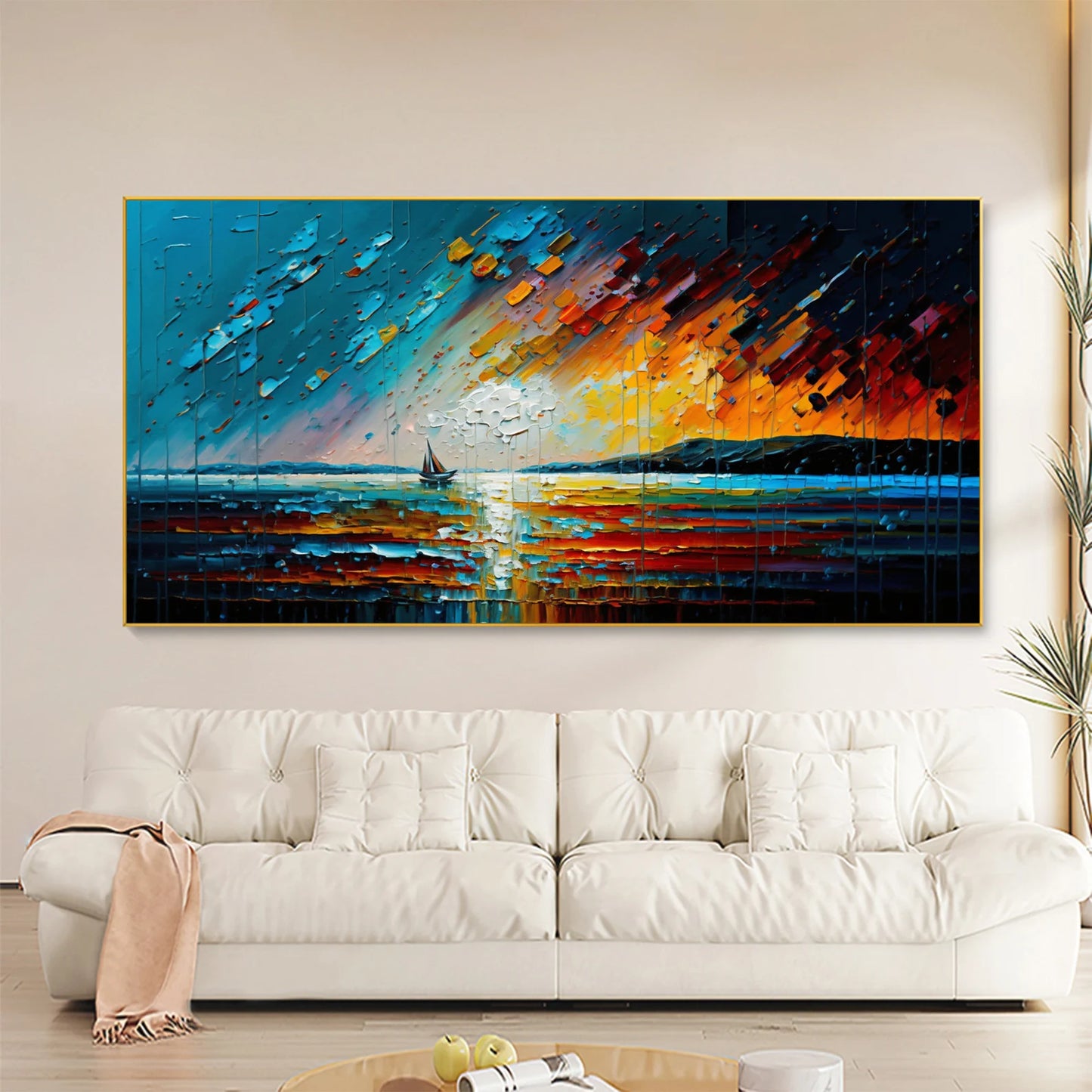 Ship in the Sunset Oil Painting Handmade